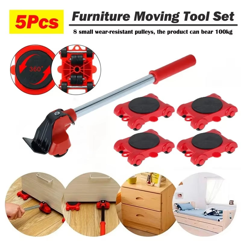 5Pcs/Set Heavy Duty Furniture Lifter Mover Roller with Wheel Bar Moving Device Lifting Helper Furniture Moving Transport Tool
